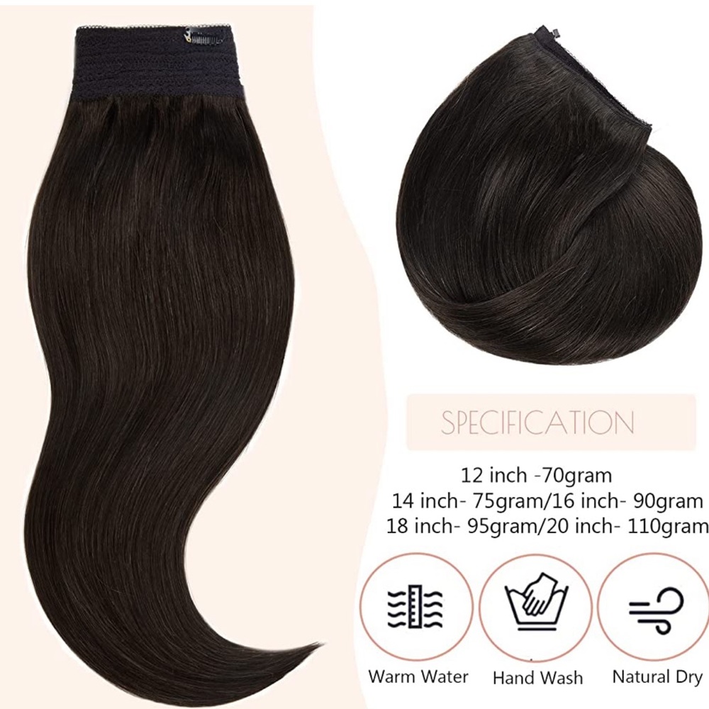 18” Jet Black #1 Fish Wire Halo 100% Human Hair Extensions 95g 1pc Item#GA - Picture 11 of 16